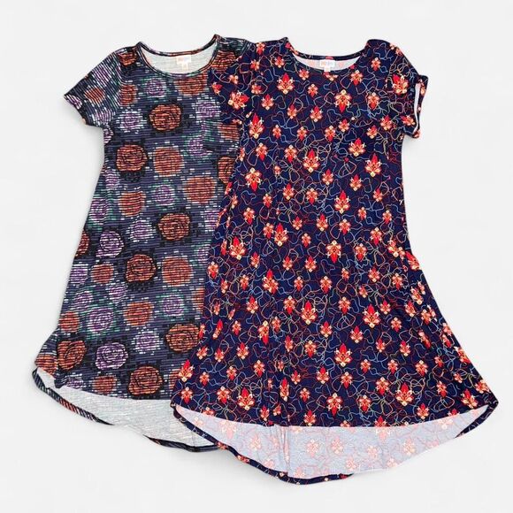 2-Pack Floral Blue & Purple Bundle of Lularoe "Carly" High-Low Dresses - Picture 1 of 8